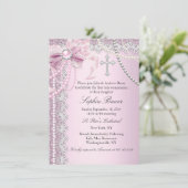Invitation Croix de la Bow perle rose communion ou baptême (Debout devant)