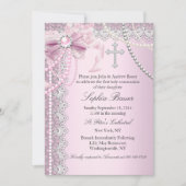 Invitation Croix de la Bow perle rose communion ou baptême (Devant)