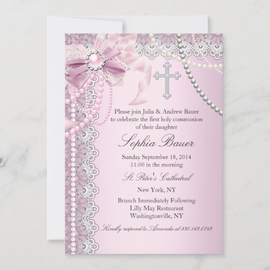 Invitation Croix de la Bow perle rose communion ou baptême (Devant)