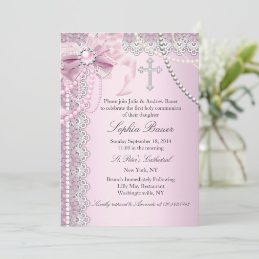 Invitation Croix de la Bow perle rose communion ou baptême (Debout devant)