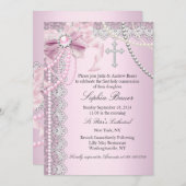 Invitation Croix de la Bow perle rose communion ou baptême (Devant / Derrière)