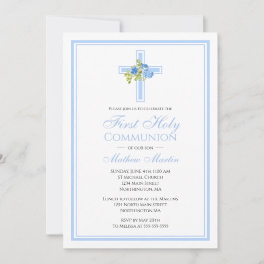 Invitation Croix de la première communion avec Rose Bleu chré (Devant)