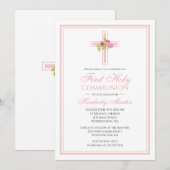 Invitation Croix de la première communion avec roses roses ro (Devant / Derrière)