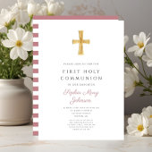 Invitation Croix de la première communion féminine de rose mo