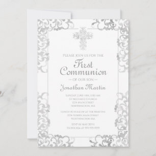 Invitation Croix de la première communion Gray Damask Christi