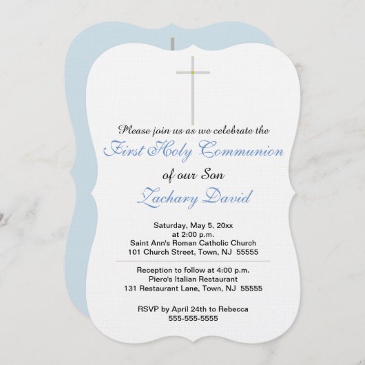 Invitation Croix de la première sainte communion bleue (Devant / Derrière)
