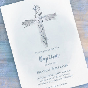 Invitation Croix de l'aquarelle bleu-gris du baptême