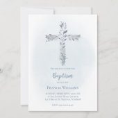 Invitation Croix de l'aquarelle bleu-gris du baptême (Devant)