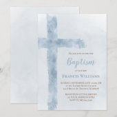 Invitation Croix de l'aquarelle bleue du baptême (Devant / Derrière)
