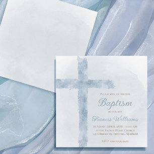 Invitation Croix de l'aquarelle bleue du baptême