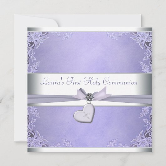 Invitation Croix de lavande Filles Violet Première communion (Devant)