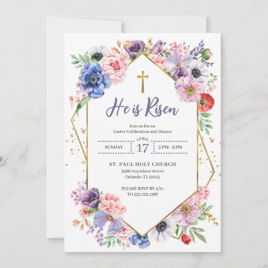 Invitation Croix de Pâques Il est ressuscité Fleurs de printe (Devant)
