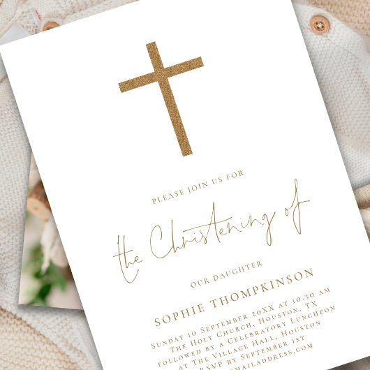 Invitation Croix de Parties scintillant Gold Script