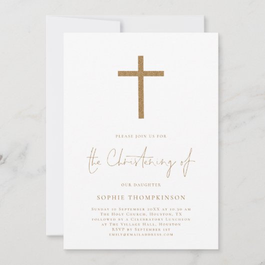 Invitation Croix de Parties scintillant Gold Script (Devant)
