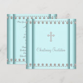 Invitation Croix de Pearl bleu turquoise Baby Boy ou Girl Chr (Devant / Derrière)