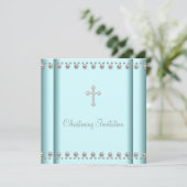 Invitation Croix de Pearl bleu turquoise Baby Boy ou Girl Chr (Debout devant)