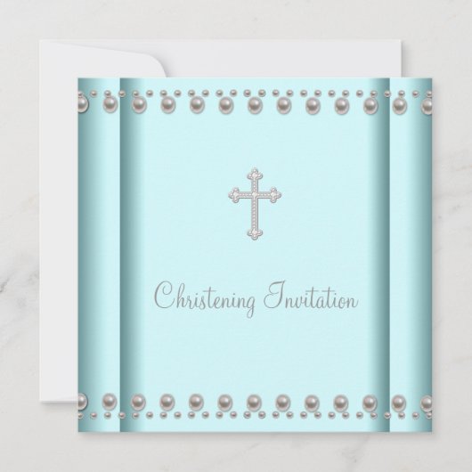 Invitation Croix de Pearl bleu turquoise Baby Boy ou Girl Chr (Devant)