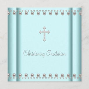 Invitation Croix de Pearl bleu turquoise Baby Boy ou Girl Chr