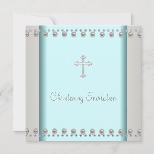 Invitation Croix de Pearl bleu turquoise Baptême baptême Chri (Devant)