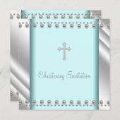 Invitation Croix de Pearl bleu turquoise Baptême baptême Chri (Devant / Derrière)