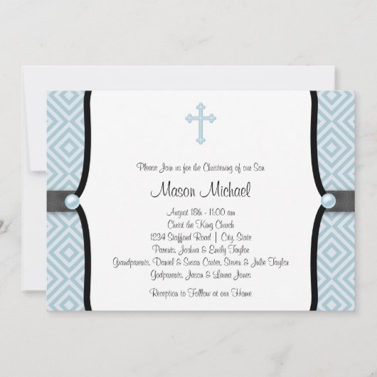 Invitation Croix de perle bleue baptême bleu noir (Devant)