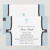 Invitation Croix de perle bleue baptême bleu noir (Devant / Derrière)