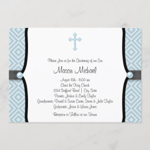 Invitation Croix de perle bleue Baptême bleu noir