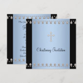 Invitation Croix de perle bleue baptême bleu noir (Devant / Derrière)