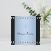 Invitation Croix de perle bleue baptême bleu noir (Debout devant)