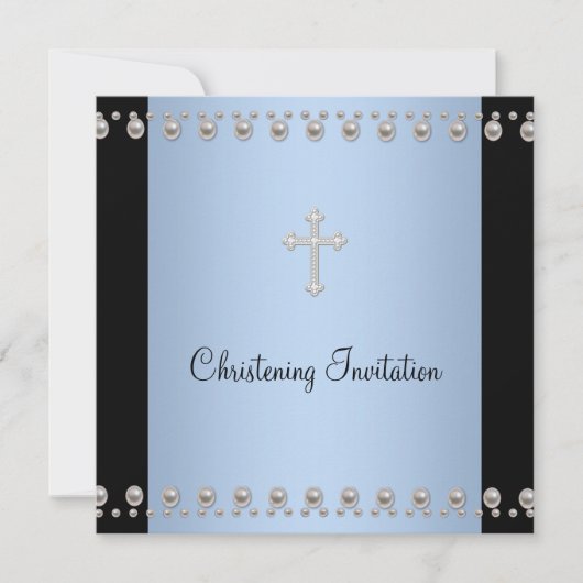 Invitation Croix de perle bleue baptême bleu noir (Devant)