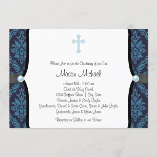 Invitation Croix de perle bleue sur baptême bleu noir damassé