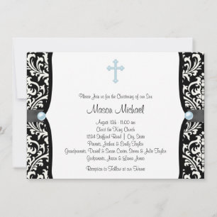 Invitation Croix de perle bleue sur baptême bleu noir damassé