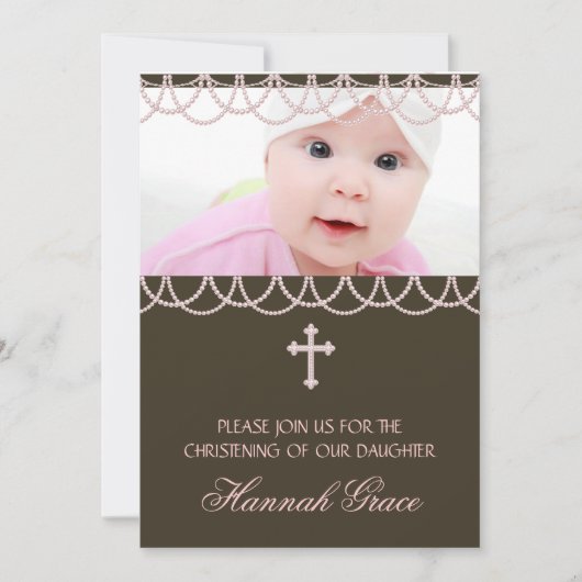 Invitation Croix de perle rose Brown Baby Girl Photo Christen (Devant)