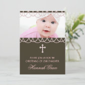 Invitation Croix de perle rose Brown Baby Girl Photo Christen (Debout devant)