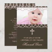 Invitation Croix de perle rose Brown Baby Girl Photo Christen (Devant / Derrière)