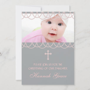 Invitation Croix de perle rose Grey Baby Girl