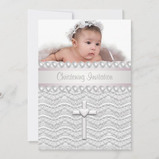 Invitation Croix de perles de dentelle rose Baby Girl Photo C (Devant)