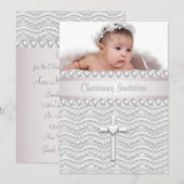 Invitation Croix de perles de dentelle rose Baby Girl Photo C (Devant / Derrière)