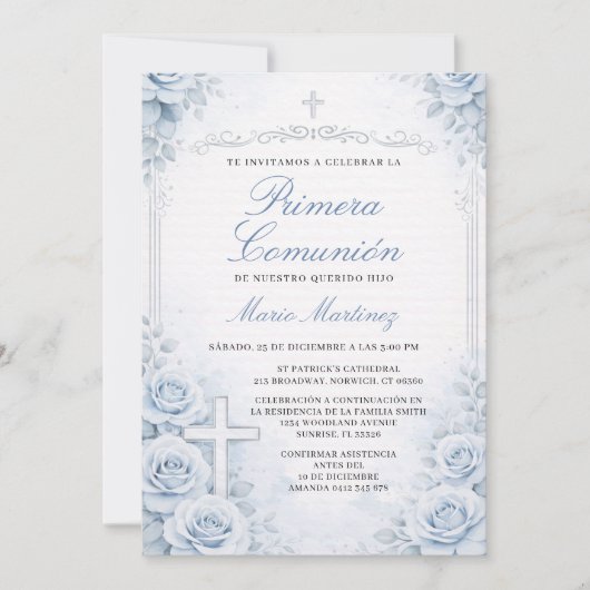 Invitation Croix de Première Communion espagnole florale bleu (Devant)