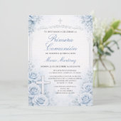 Invitation Croix de Première Communion espagnole florale bleu (Debout devant)