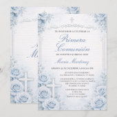Invitation Croix de Première Communion espagnole florale bleu (Devant / Derrière)