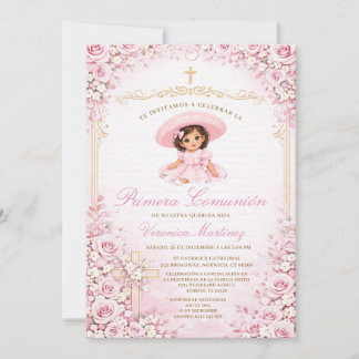Invitation Croix de Première Communion Fille Espagnole Floral