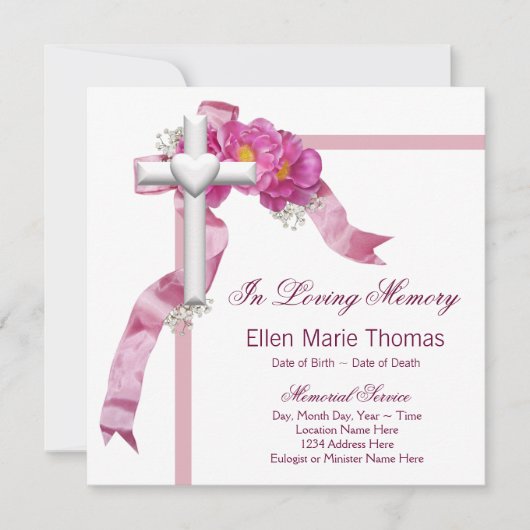 Invitation Croix de rose rose en mémoire affectueuse (Devant)