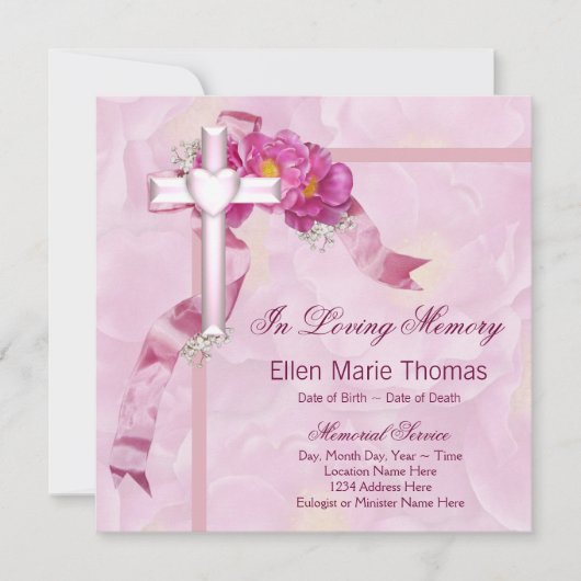 Invitation Croix de rose rose en mémoire affectueuse (Devant)