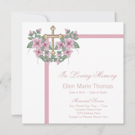 Invitation Croix de rose rose en mémoire affectueuse (Devant)