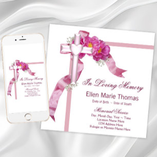 Invitation Croix de rose rose en mémoire affectueuse