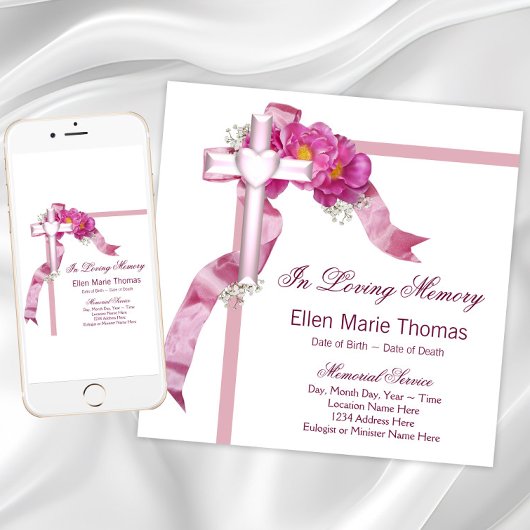 Invitation Croix de rose rose en mémoire affectueuse