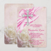 Invitation Croix de rose rose pour première communion (Devant / Derrière)