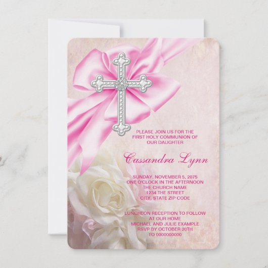 Invitation Croix de rose rose pour première communion (Devant)