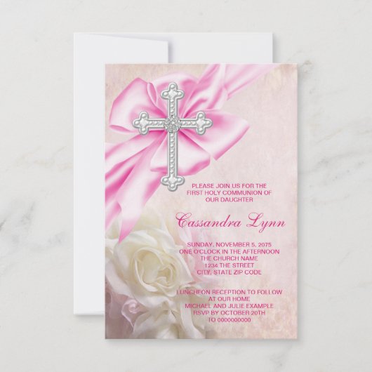 Invitation Croix de rose rose pour première communion (Devant)